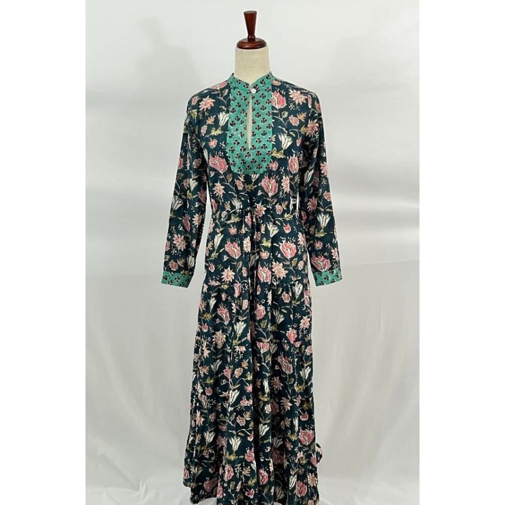 KLEED Sz S/M Floral Long Dress Cotton Teal Blue Pink Floral Tiered Maxi
